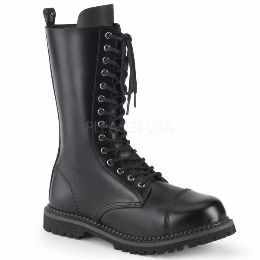 Product image of Demonia RIOT-14 Black Leather 14 Eyelet Unisex Steel Toe Mid Calf Boot Rubber Sole