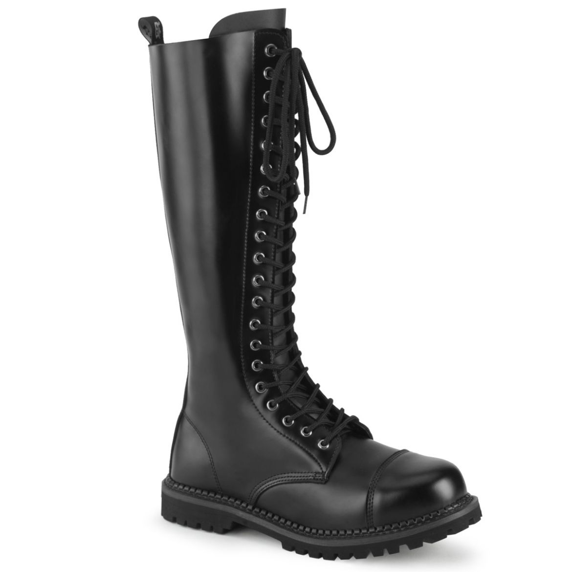 Product image of Demonia RIOT-20 Black Leather 20 Eyelet Unisex Steel Toe Knee Boot Rubber Sole Knee High Boot