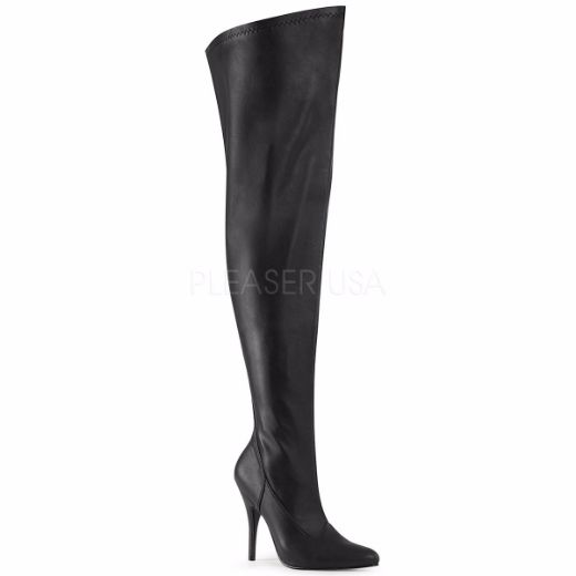 Product image of Pleaser Pink Label SEDUCE-3000WC Black Stretch Faux Leather 5 inch (12.7 cm) Heel Stretch Wide Calf Thigh Boot Side Zip Thigh High Boot