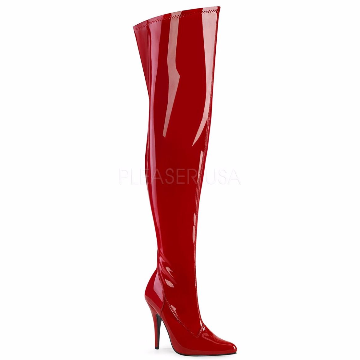 Product image of Pleaser Pink Label SEDUCE-3000WC Red Stretch Patent 5 inch (12.7 cm) Heel Stretch Wide Calf Thigh Boot Side Zip Thigh High Boot