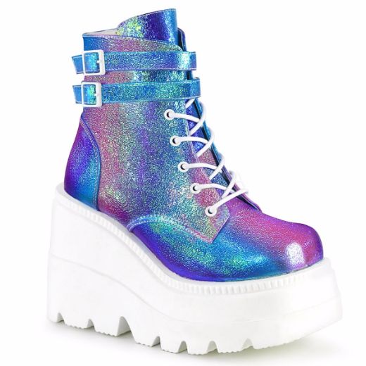 Product image of Demonia SHAKER-52 Purple Multicolour Iridescent Vegan Faux Leather 4 1/2 inch Wedge Platform Lace-Up Ankle Boot Side Zip