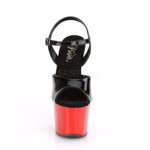 Product image of Pleaser SKY-309 Black Patent/Red Chrome 7 inch (17.8 cm) Heel 2 3/4 inch (7 cm) Platform Ankle Strap Sandal Shoes