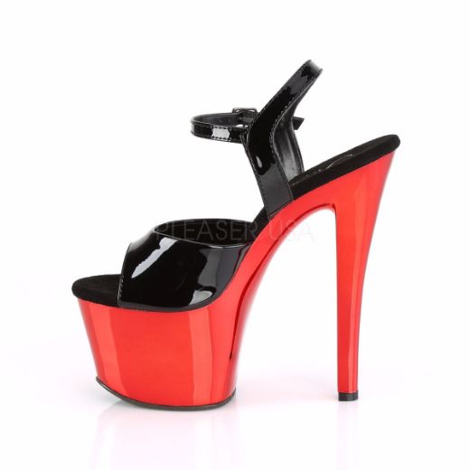 Product image of Pleaser SKY-309 Black Patent/Red Chrome 7 inch (17.8 cm) Heel 2 3/4 inch (7 cm) Platform Ankle Strap Sandal Shoes
