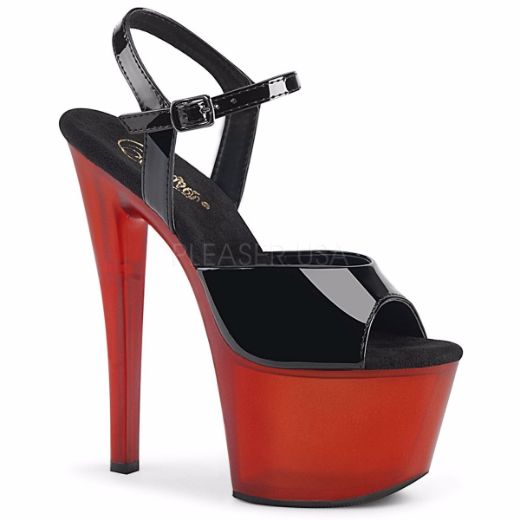 Product image of Pleaser SKY-309T Black Patent/Frosted Red 7 inch (17.8 cm) Heel 2 3/4 inch (7 cm) Platform Ankle Strap Sandal Shoes