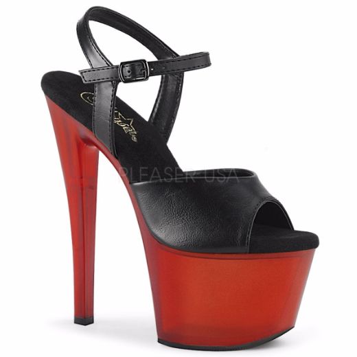 Product image of Pleaser SKY-309T Black Faux Leather/Frosted Red 7 inch (17.8 cm) Heel 2 3/4 inch (7 cm) Platform Ankle Strap Sandal Shoes