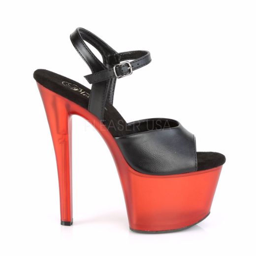 Product image of Pleaser SKY-309T Black Faux Leather/Frosted Red 7 inch (17.8 cm) Heel 2 3/4 inch (7 cm) Platform Ankle Strap Sandal Shoes