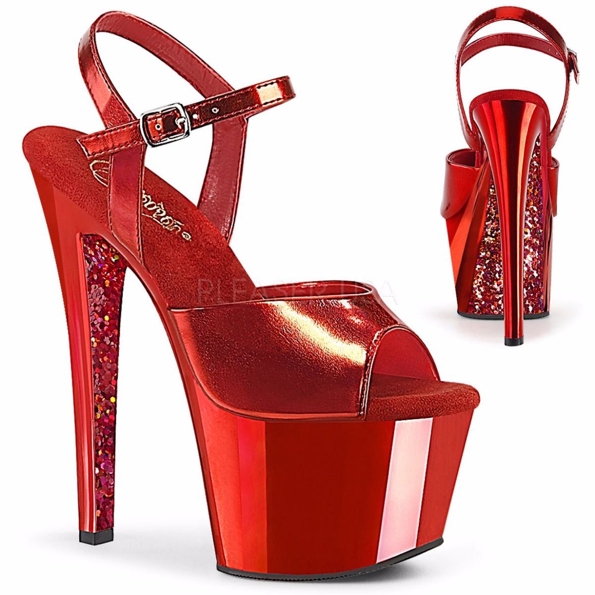 Product image of Pleaser SKY-309TTG Red Metallic Polyurethane (Pu)/Red Chrome-Glitter 7 inch (17.8 cm) Heel 2 3/4 inch (7 cm) Platform Ankle Strap Sandall