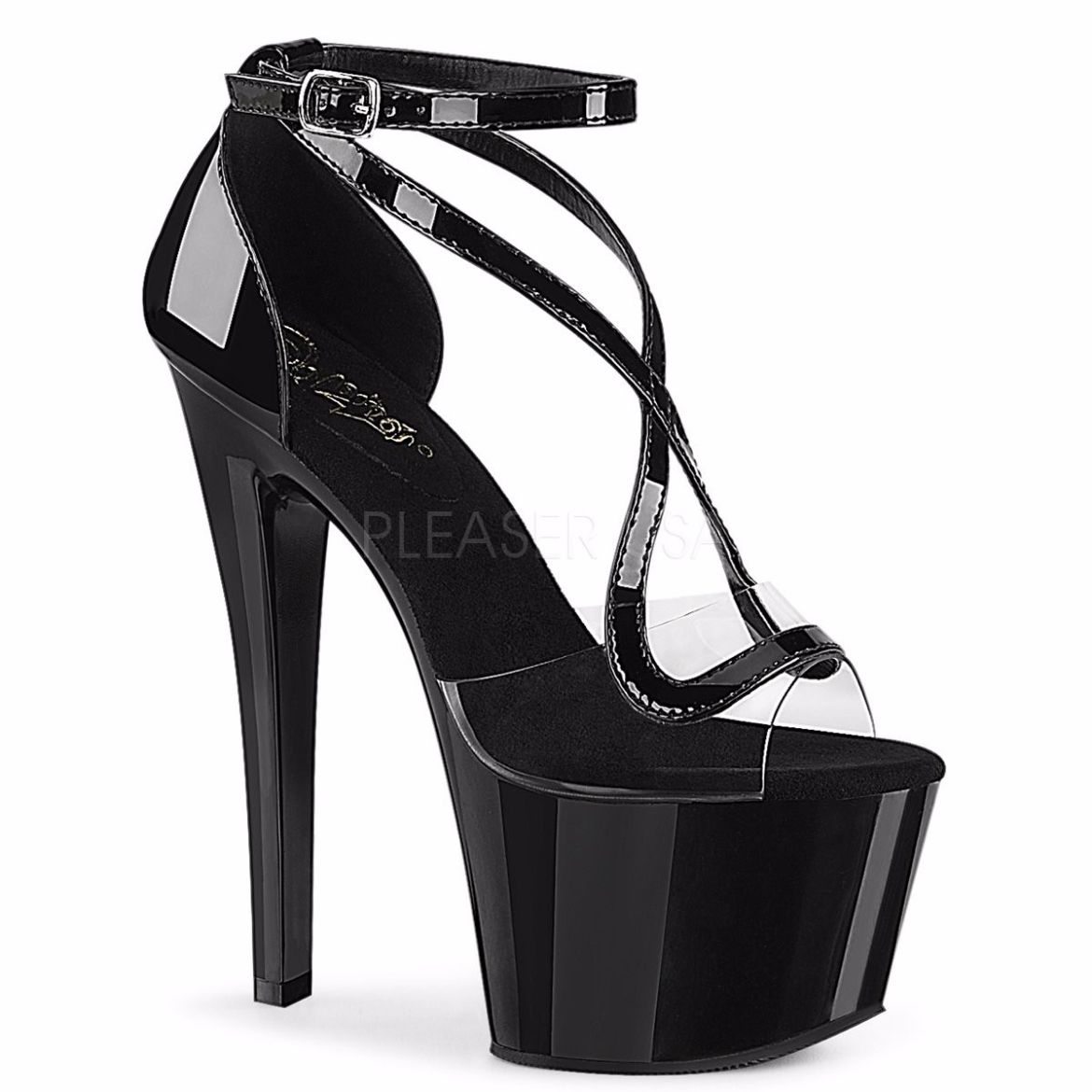 Product image of Pleaser SKY-355 Clear-Black Patent/Black 7 inch (17.8 cm) Heel 2 3/4 inch (7 cm) Platform Close Back Ankle Strap Sandal Shoes