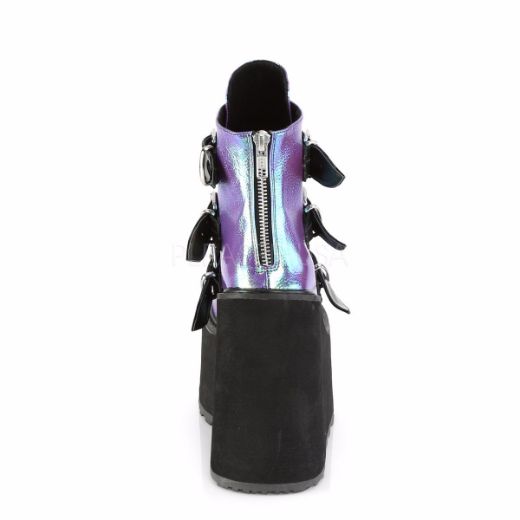Product image of Demonia SWING-105 Purple Iridescent Vegan Faux Leather 5 1/2 inch Platform Ankle Boot With  3 Buckles Straps Back Metal Zip