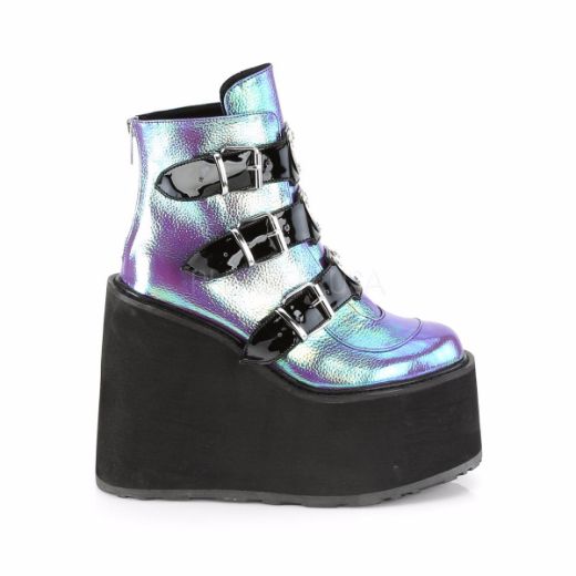 Product image of Demonia SWING-105 Purple Iridescent Vegan Faux Leather 5 1/2 inch Platform Ankle Boot With  3 Buckles Straps Back Metal Zip