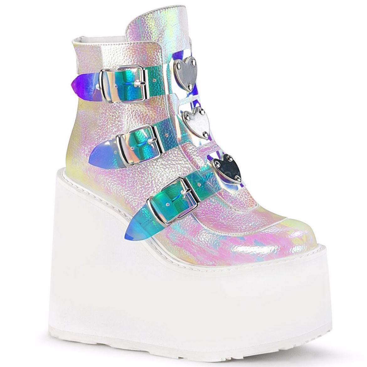 Product image of Demonia SWING-105 Pearl Iridescent Vegan Faux Leather 5 1/2 inch Platform Ankle Boot With  3 Buckles Straps Back Metal Zip