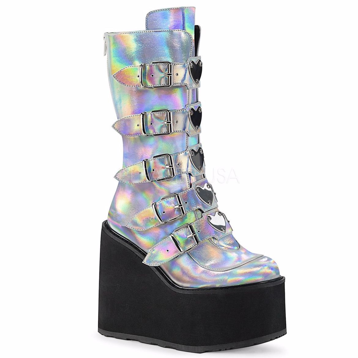 Product image of Demonia SWING-230 Silver Holographic Vegan Faux Leather 5 1/2 inch Platform Mid-Calf Boot With  5 Buckles Straps Back Metal Zip