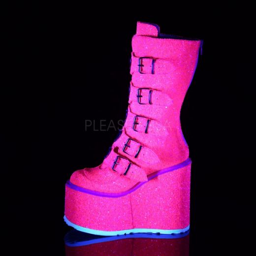 Product image of Demonia SWING-230G Pink Glitter 5 1/2 inch Platform Mid-Calf Boot With  5 Buckles Straps Back Metal Zip