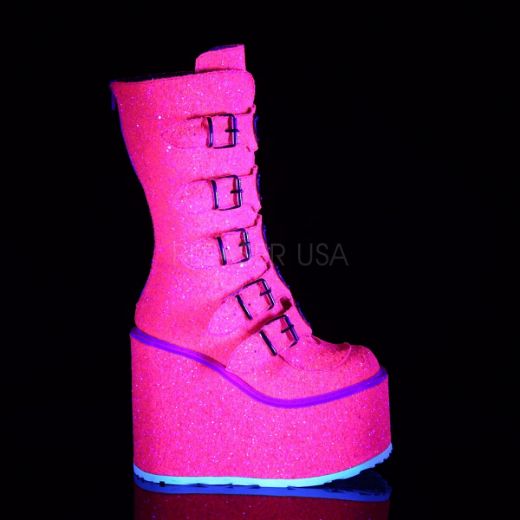 Product image of Demonia SWING-230G Pink Glitter 5 1/2 inch Platform Mid-Calf Boot With  5 Buckles Straps Back Metal Zip