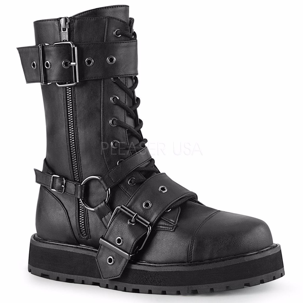 Product image of Demonia VALOR-220 Black Vegan Faux Leather 1 1/2 inch Platform Lace-Up Mid-Calf Boot Side Zip