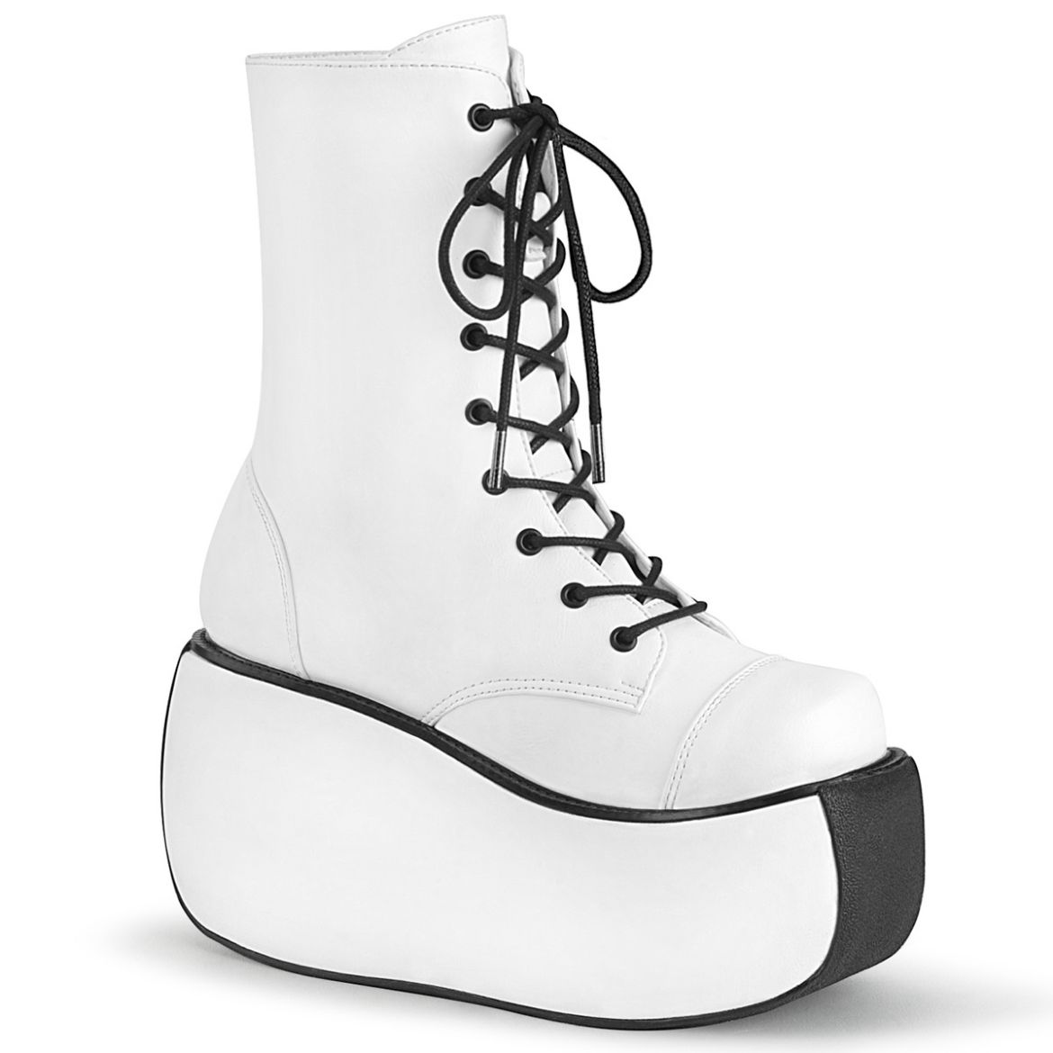 Product image of Demonia VIOLET-120 White Vegan Faux Leather 3 1/2 inch Platform Lace-Up Ankle Boot Side Zip