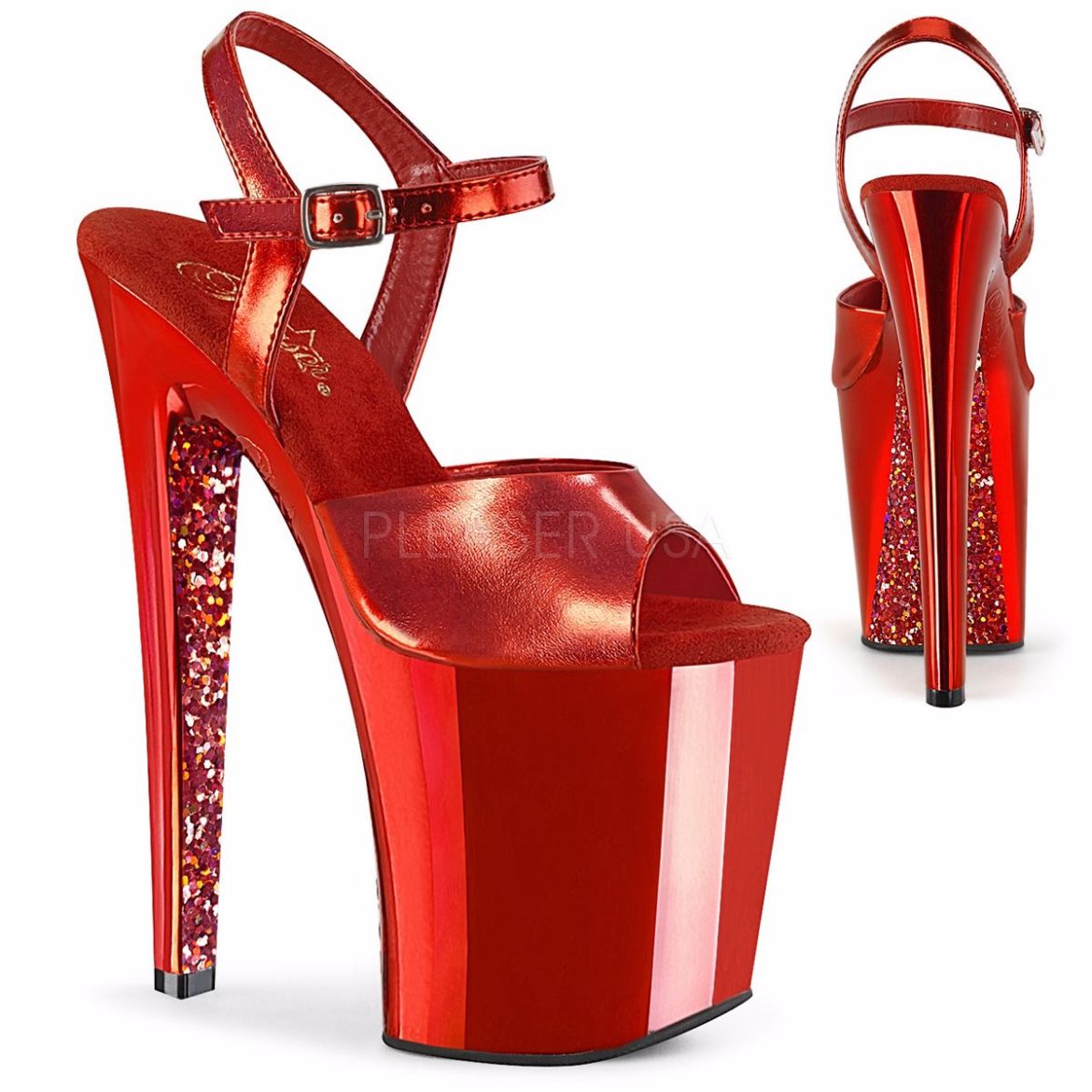 Product image of Pleaser XTREME-809TTG Red Metallic Polyurethane (Pu)/Red Chrome-Glitter 8 inch (20 cm) Heel 4 inch (10 cm) Platform Ankle Strap Sandal