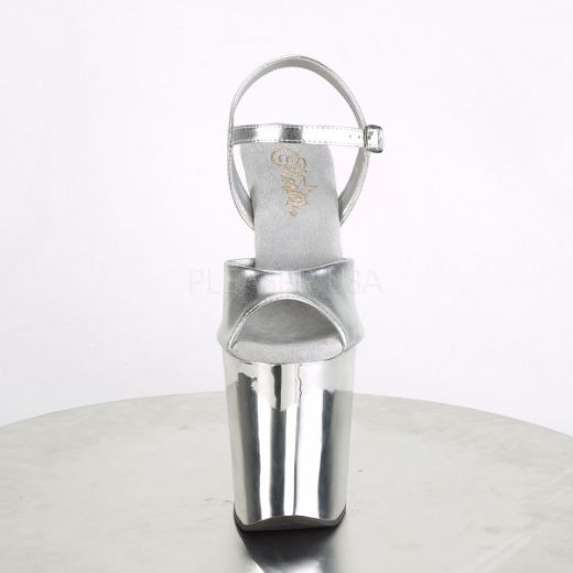Product image of Pleaser XTREME-809TTG Silver Metallic Polyurethane (Pu)/Silver Chrome-Glitter 8 inch (20 cm) Heel 4 inch (10 cm) Platform Ankle Strap Sandal