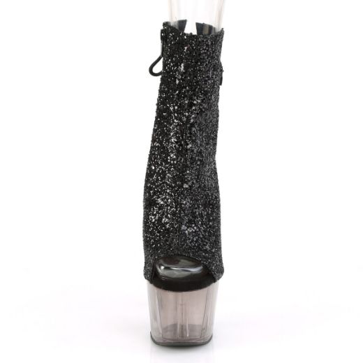Product image of Pleaser ADORE-1018GT Black Glitter/Smoke Tinted 7 inch (17.8 cm) Heel 2 3/4 inch (7 cm) Tinted Platform Open Toe Ankle Boot Side Zip