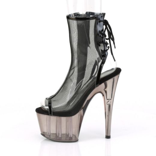 Product image of Pleaser ADORE-1018MSHT Black Patent-Mesh/Smoke Tinted 7 inch (17.8 cm) Heel 2 3/4 inch (7 cm) Tinted Platform Open Toe Ankle Boot Side Zip