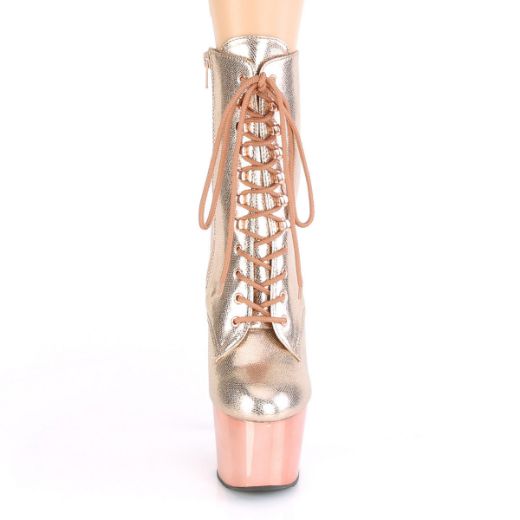 Product image of Pleaser ADORE-1020 Rose Gold Textured Metallic/Rose Goldchrome 7 inch (17.8 cm) Heel 2 3/4 inch (7 cm) Platform Lace-Up Front Ankle Boot Side Zip
