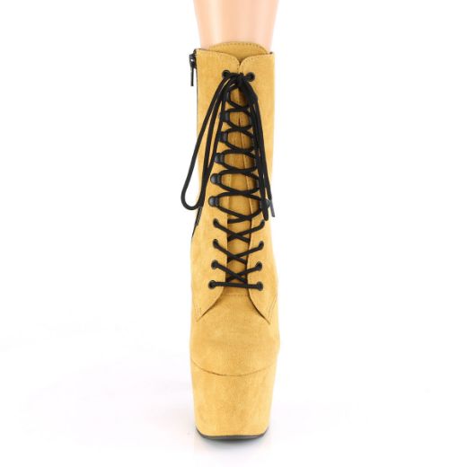 Product image of Pleaser ADORE-1020FS Mustard Faux Suede/Mustard Faux Suede 7 inch (17.8 cm) Heel 2 3/4 inch (7 cm) Platform Lace-Up Front Ankle Boot Side Zip
