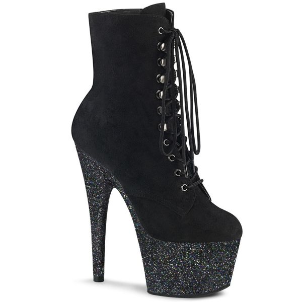 Product image of Pleaser ADORE-1020FSMG Black Faux Suede/Black Multicolour Mini Glitter 7 inch (17.8 cm) Heel 2 3/4 inch (7 cm) Platform Lace-Up Front Ankle Boot Side Zip