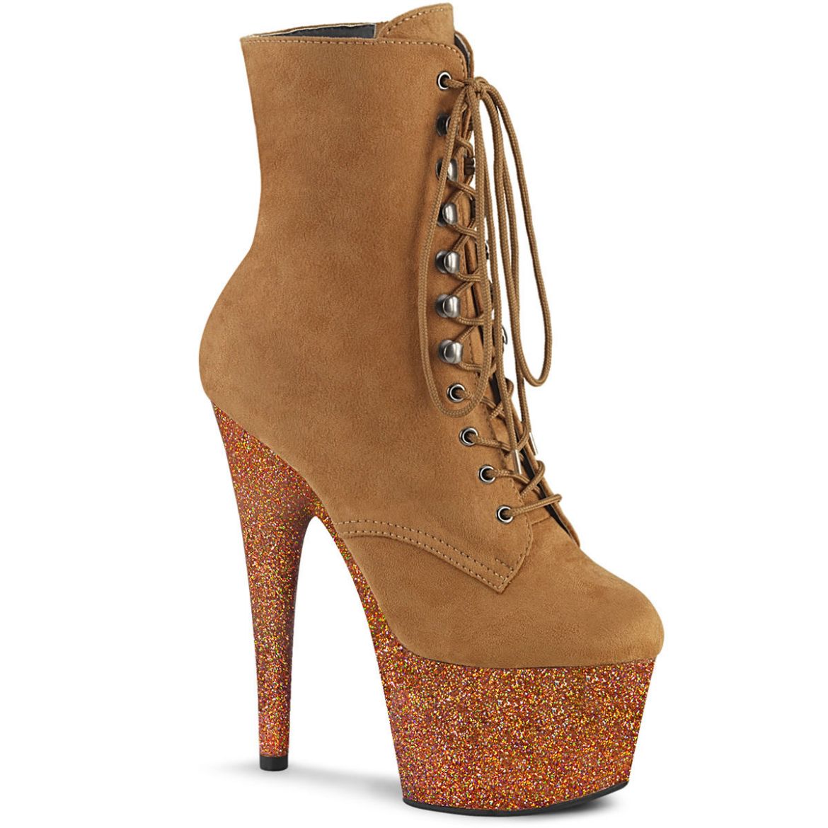 Product image of Pleaser ADORE-1020FSMG Camel F.Faux Suede/Camel Multicolour Mini Glitter 7 inch (17.8 cm) Heel 2 3/4 inch (7 cm) Platform Lace-Up Front Ankle Boot Side Zip