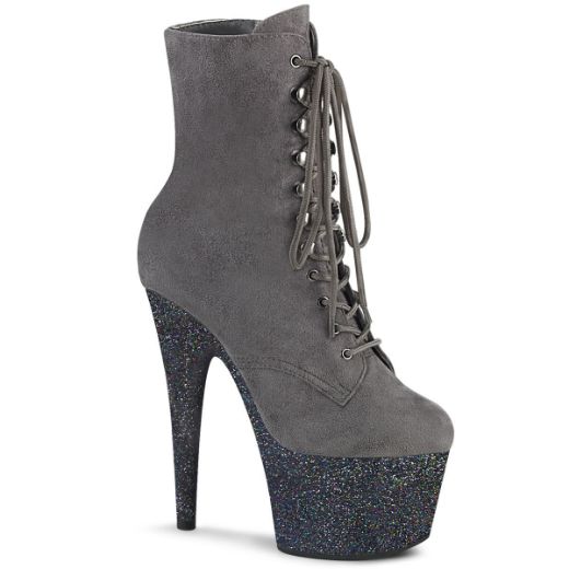 Product image of Pleaser ADORE-1020FSMG Grey Faux Suede/Grey Multicolour Mini Glitter 7 inch (17.8 cm) Heel 2 3/4 inch (7 cm) Platform Lace-Up Front Ankle Boot Side Zip