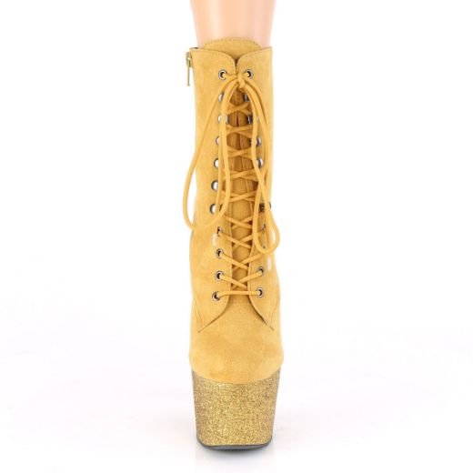 Product image of Pleaser ADORE-1020FSMG Mustard F.Faux Suede/Mustard Multicolour Mini Glitter 7 inch (17.8 cm) Heel 2 3/4 inch (7 cm) Platform Lace-Up Front Ankle Boot Side Zip