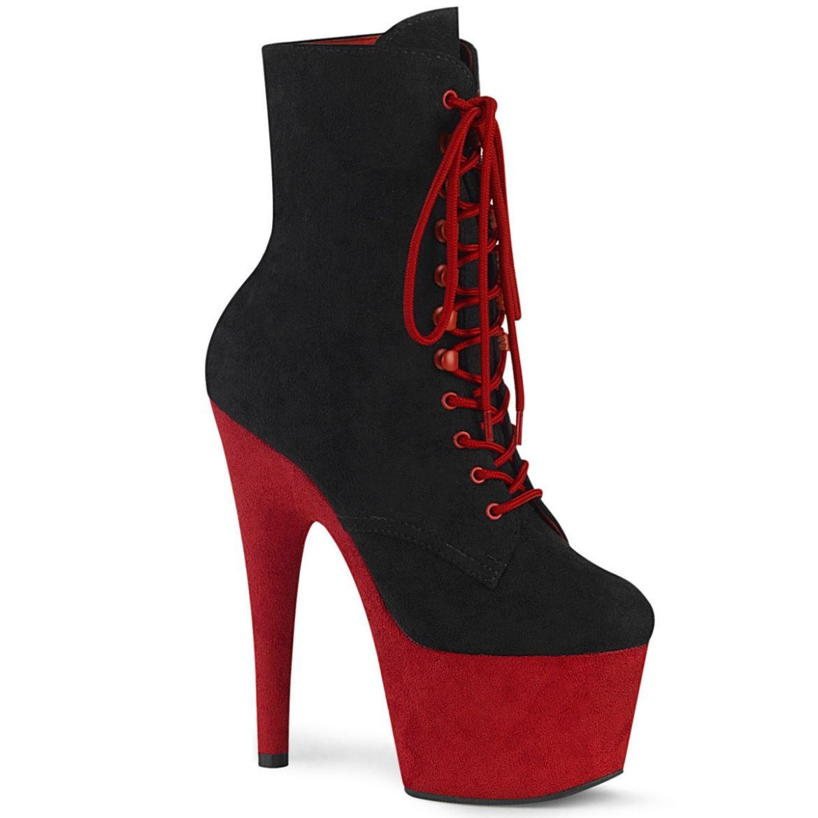 Product image of Pleaser ADORE-1020FSTT Black Faux Suede/Red Faux Suede 7 inch (17.8 cm) Heel 2 3/4 inch (7 cm) Platform Two Tone Lace-Up Ankle Boot Side Zip
