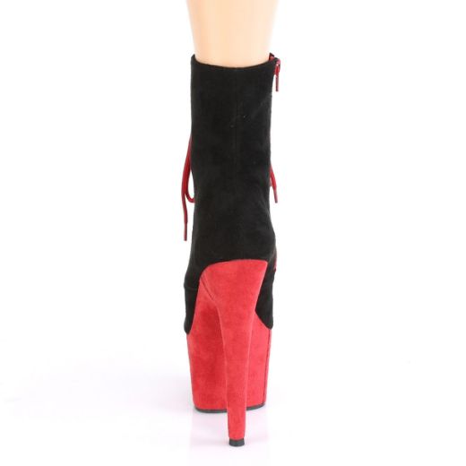 Product image of Pleaser ADORE-1020FSTT Black Faux Suede/Red Faux Suede 7 inch (17.8 cm) Heel 2 3/4 inch (7 cm) Platform Two Tone Lace-Up Ankle Boot Side Zip