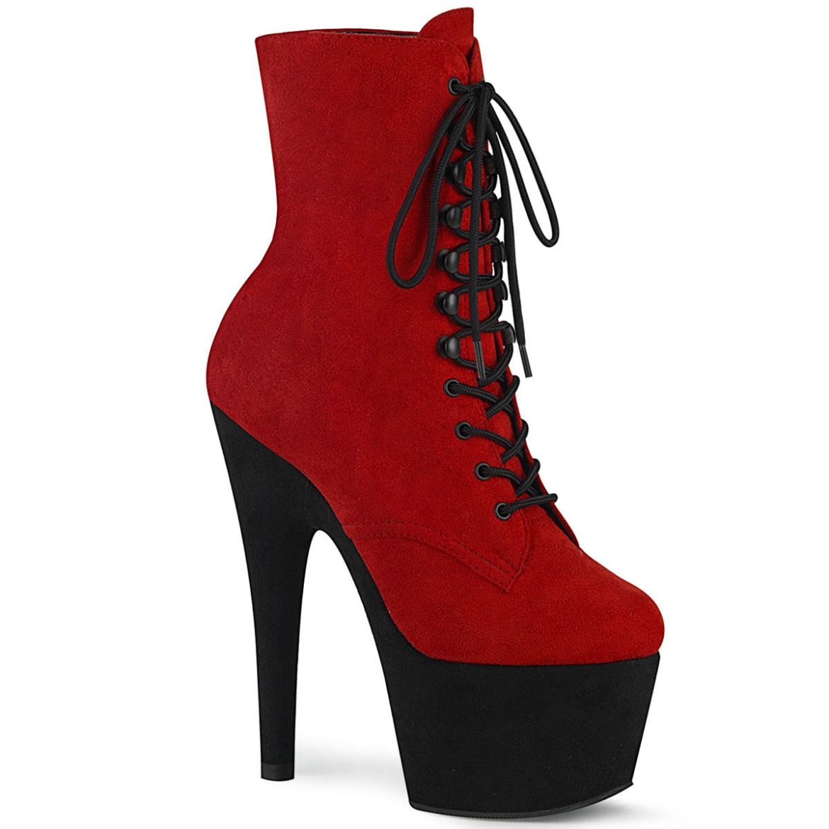 Product image of Pleaser ADORE-1020FSTT Red Faux Suede/Black Faux Suede 7 inch (17.8 cm) Heel 2 3/4 inch (7 cm) Platform Two Tone Lace-Up Ankle Boot Side Zip