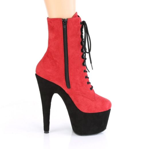 Product image of Pleaser ADORE-1020FSTT Red Faux Suede/Black Faux Suede 7 inch (17.8 cm) Heel 2 3/4 inch (7 cm) Platform Two Tone Lace-Up Ankle Boot Side Zip