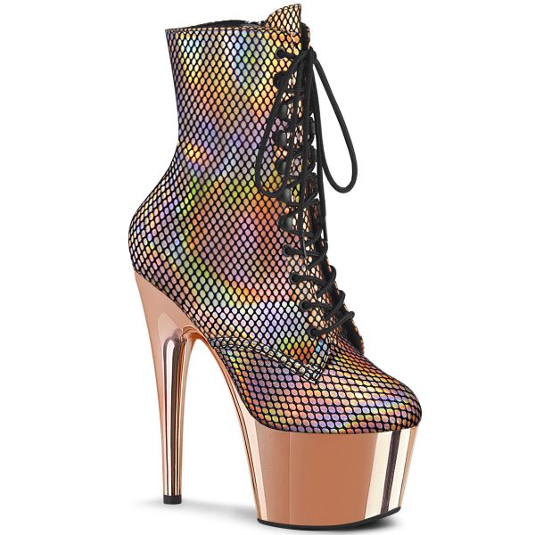 Product image of Pleaser ADORE-1020HFN Rose Gold Holographic/Rose Gold Chrome 7 inch (17.8 cm) Heel 2 3/4 inch (7 cm) Platform Lace-Up Front Ankle Boot Side Zip