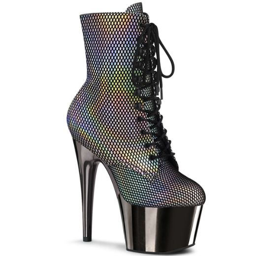 Product image of Pleaser ADORE-1020HFN Silver Holographic/Pewter Chrome 7 inch (17.8 cm) Heel 2 3/4 inch (7 cm) Platform Lace-Up Front Ankle Boot Side Zip