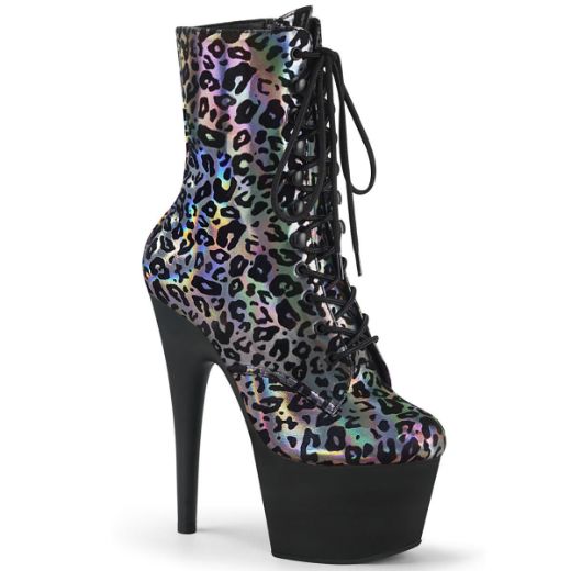 Product image of Pleaser ADORE-1020LP Pewter Animal Print Print Holographic/Black Matte 7 inch (17.8 cm) Heel 2 3/4 inch (7 cm) Platform Lace-Up Front Ankel Boot Side Zip Ankle Boot