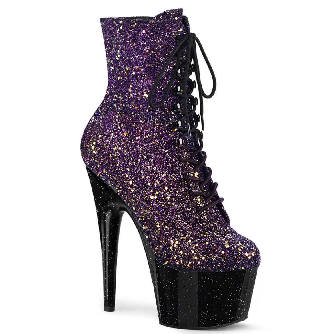Product image of Pleaser ADORE-1020OMBG Purple Multicolour Glitter/Black 7 inch (17.8 cm) Heel 2 3/4 inch (7 cm) Platform Lace-Up Front Ankle Boot Side Zip