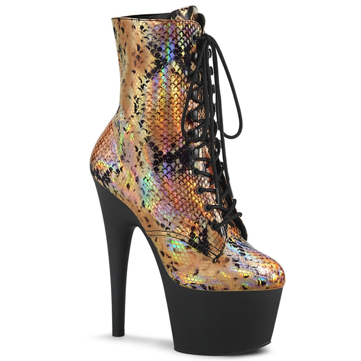 Product image of Pleaser ADORE-1020SP Gold Holographic Animal Print Print/Black Matte 7 inch (17.8 cm) Heel 2 3/4 inch (7 cm) Platform Lace-Up Front Ankle Boot Side Zip