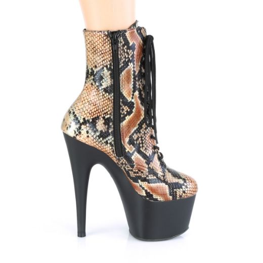 Product image of Pleaser ADORE-1020SP Gold Holographic Animal Print Print/Black Matte 7 inch (17.8 cm) Heel 2 3/4 inch (7 cm) Platform Lace-Up Front Ankle Boot Side Zip