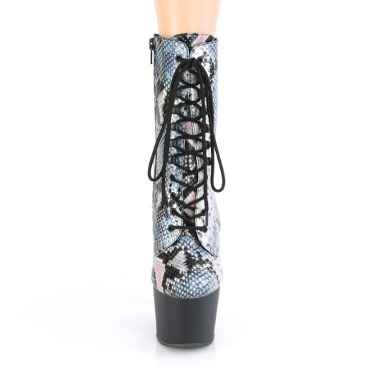 Product image of Pleaser ADORE-1020SP Silver Holographic Animal Print Print/Black Matte 7 inch (17.8 cm) Heel 2 3/4 inch (7 cm) Platform Lace-Up Front Ankle Boot Side Zip