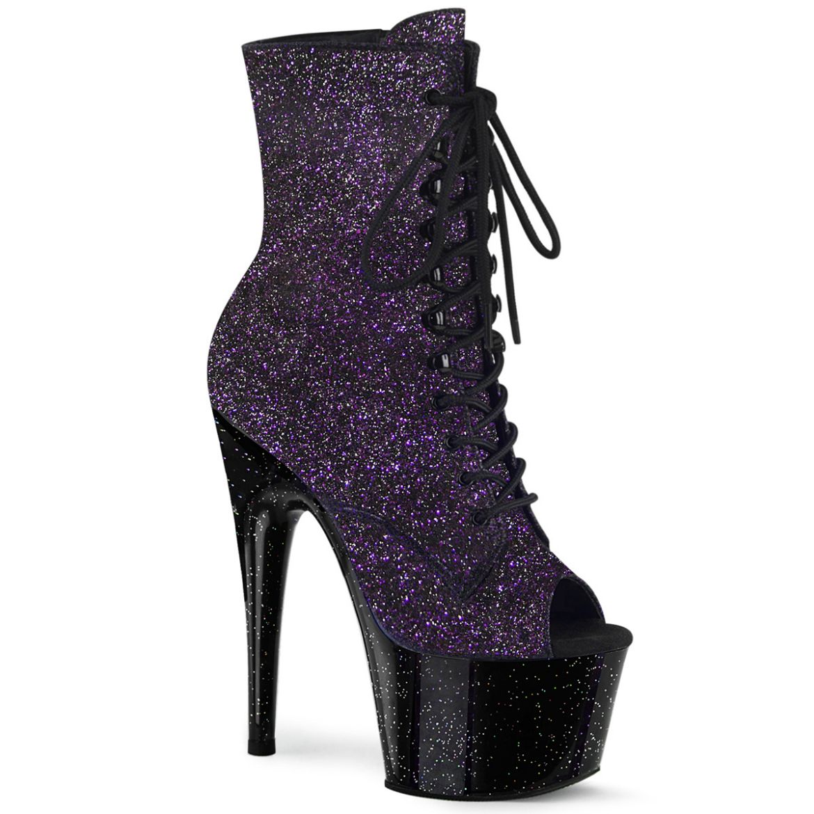 Product image of Pleaser ADORE-1021MBG Purple Glitter/Black 7 inch (17.8 cm) Heel 2 3/4 inch (7 cm) Platform Peep Toe Lace-Up Ankle Boot Side Zip