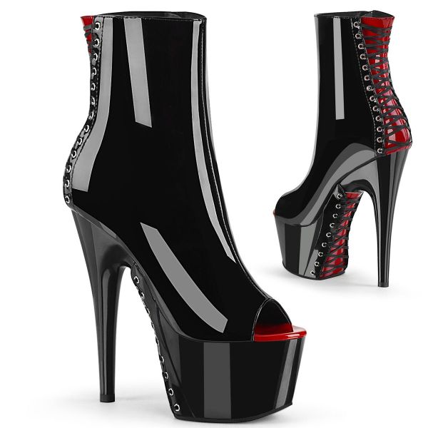 Product image of Pleaser ADORE-1025 Black-Red Patent/Black 7 inch (17.8 cm) Heel,2 3/4 inch (4.5 cm) Platform Peep Toe Corset Style Ankle Boot,Side Zip