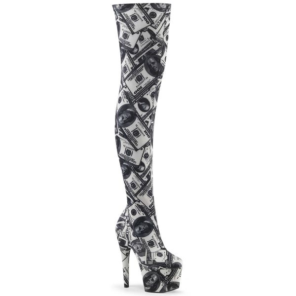 Product image of Pleaser ADORE-3000DP White-Black Stretch Fabric/White-Black Fabric 7 inch (17.8 cm) Heel 2 3/4 inch (7 cm) Platform Stretch Thigh Boot Side Zip