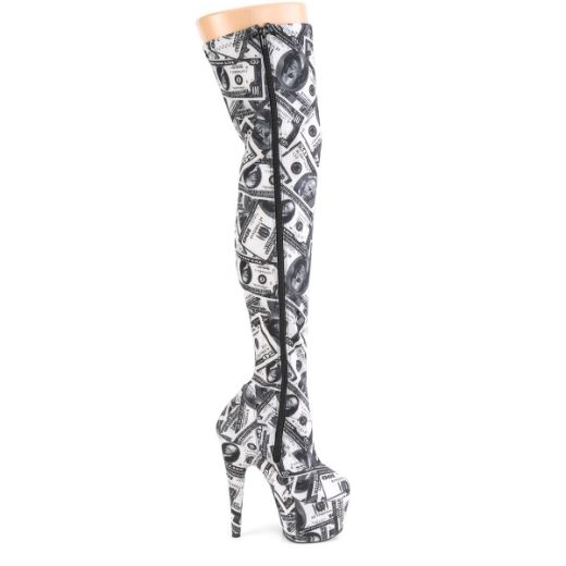 Product image of Pleaser ADORE-3000DP White-Black Stretch Fabric/White-Black Fabric 7 inch (17.8 cm) Heel 2 3/4 inch (7 cm) Platform Stretch Thigh Boot Side Zip