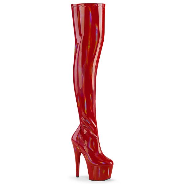 Product image of Pleaser ADORE-3000HWR Red Stretch Holographic/Red Holographic 7 inch (17.8 cm) Heel 2 3/4 inch (7 cm) Platform Stretch Thigh Boot Side Zip Thigh High Boot