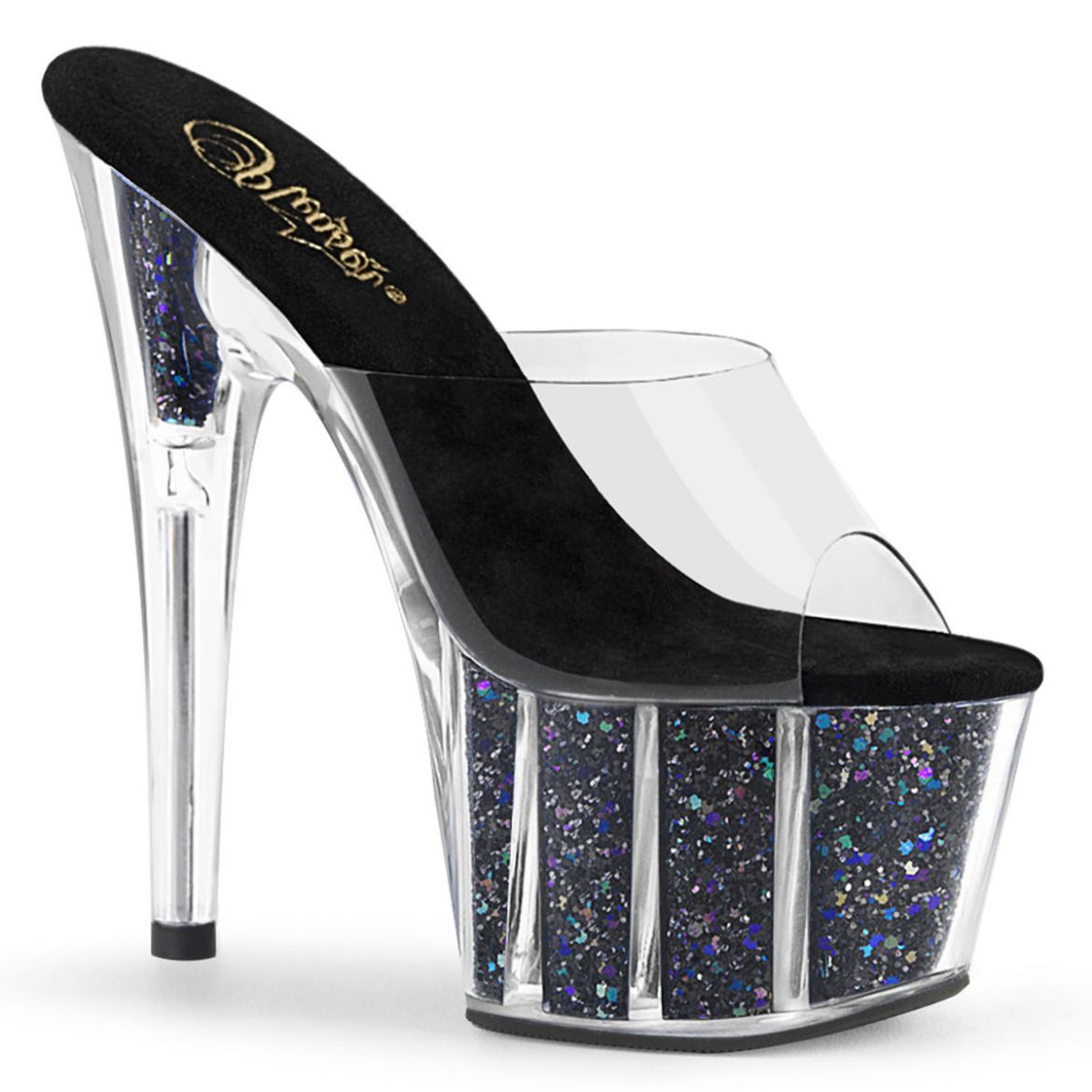 Product image of Pleaser ADORE-701CG Clear/Black Confetti Glitter 7 inch (17.8 cm) Heel 2 3/4 inch (7 cm) Platform Slide With  Glitter Inserts Slide Mule Shoes