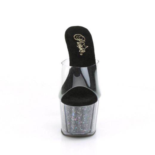 Product image of Pleaser ADORE-701CG Clear/Black Confetti Glitter 7 inch (17.8 cm) Heel 2 3/4 inch (7 cm) Platform Slide With  Glitter Inserts Slide Mule Shoes