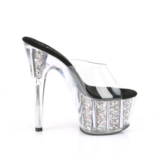 Product image of Pleaser ADORE-701CG Clear/Silver Confetti Glitter 7 inch (17.8 cm) Heel 2 3/4 inch (7 cm) Platform Slide With  Glitter Inserts Slide Mule Shoes