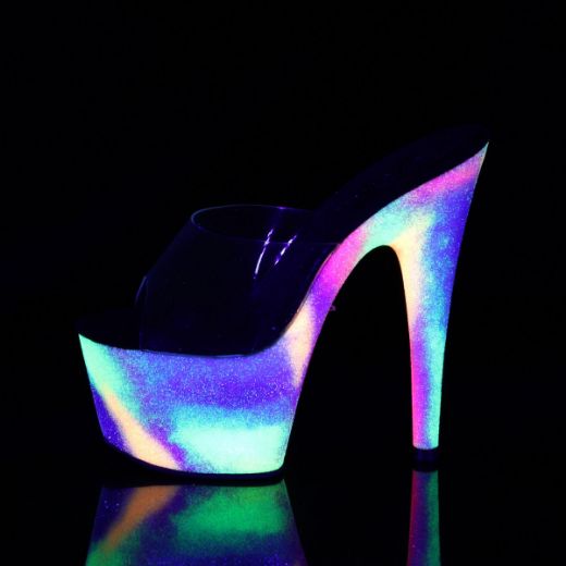 Product image of Pleaser ADORE-701GXY Clear/Neon Galaxy Mini Glitter 7 inch (17.8 cm) Heel 2 3/4 inch (7 cm) Platform Slide With  Blacklight (Uv) Reactive Galaxy Effect Slide Mule Shoes